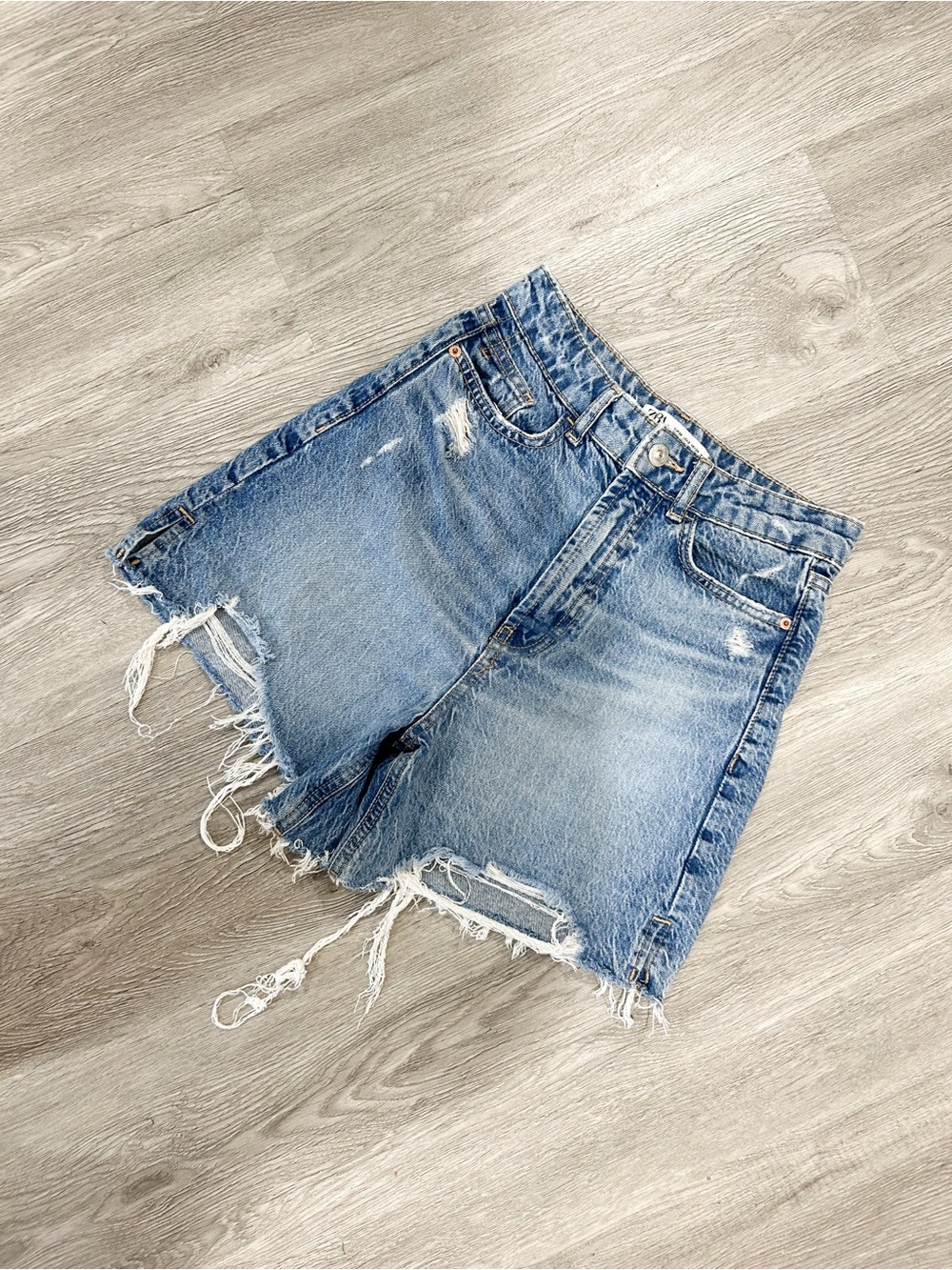 Zara Light Blue High-Waist Distressed Denim Shorts